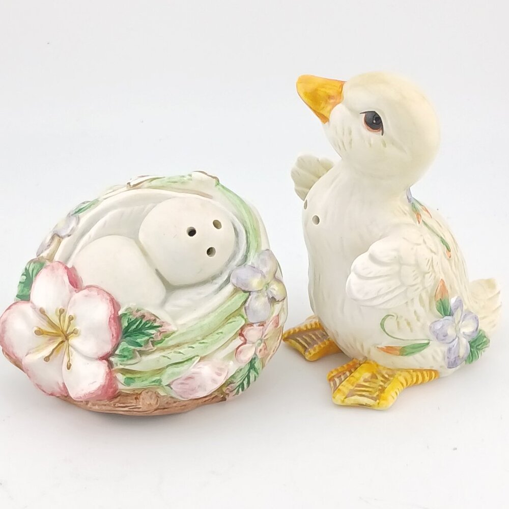 Firz & Floyd Garden Rhapsody S/P Shaker Duck/Nest Vintage Ceramic Orig Box Mint